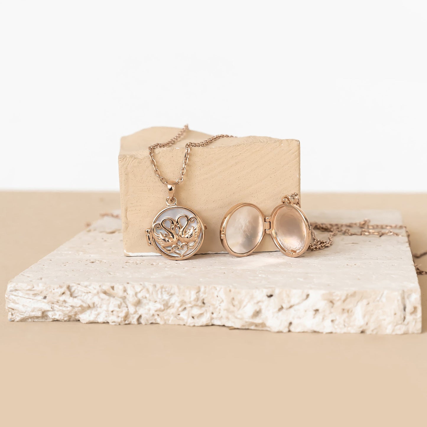 Twin Swan Heart Locket Necklace Sterling Silver