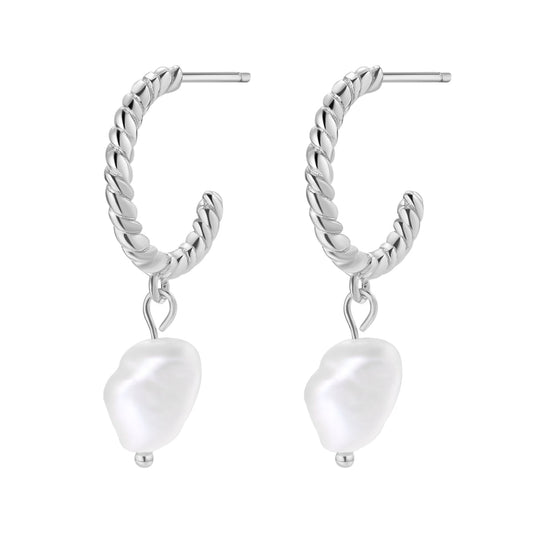Twisted Hoop Pearl Drop Earrings Sterling Silver