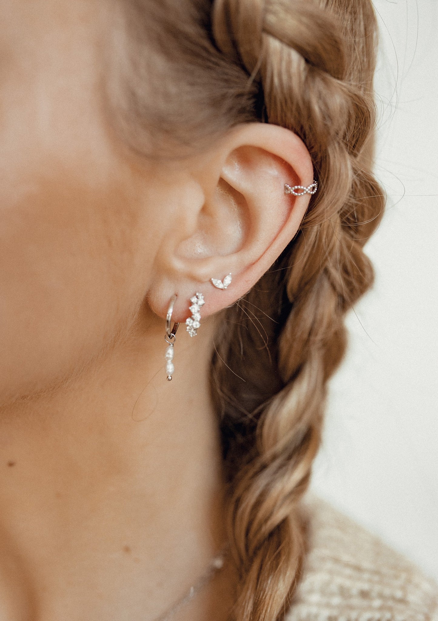 Double Pearl Charm Hoop Earrings Sterling Silver