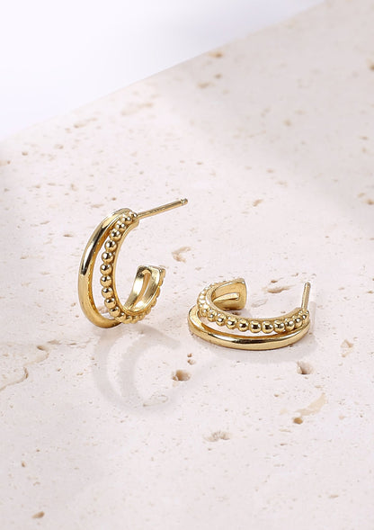 Beaded Double Hoop Earrings Sterling Silver Gold