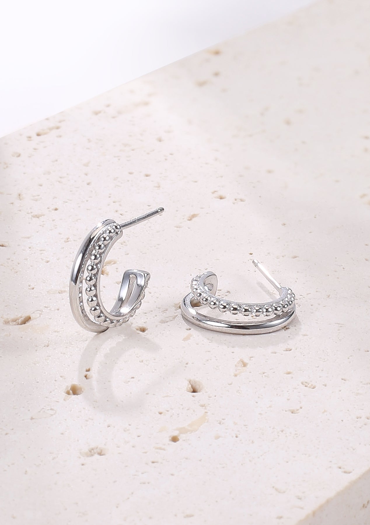 Beaded Double Hoop Earrings Sterling Silver