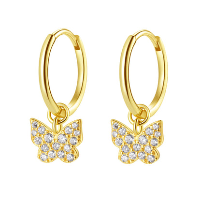 Butterfly Charm Hoop Earrings Sterling Silver Gold