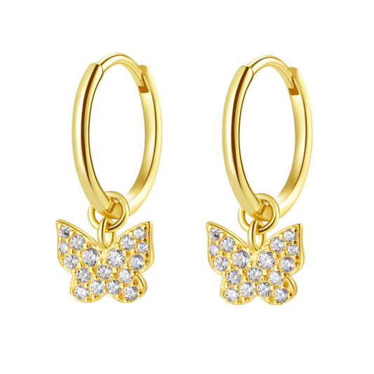 Butterfly Charm Hoop Earrings Sterling Silver Gold