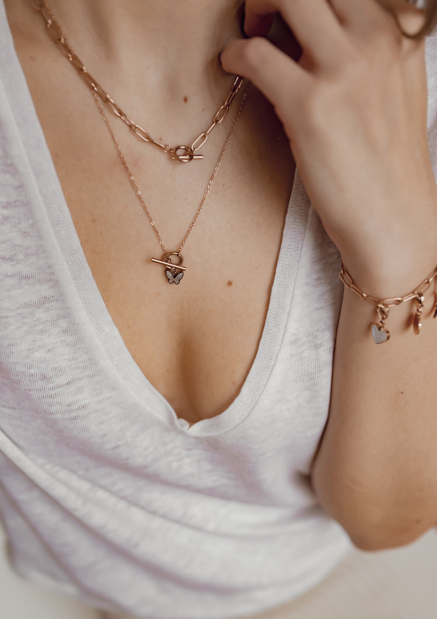 Butterfly Pendant T-Bar Necklace Rose Gold