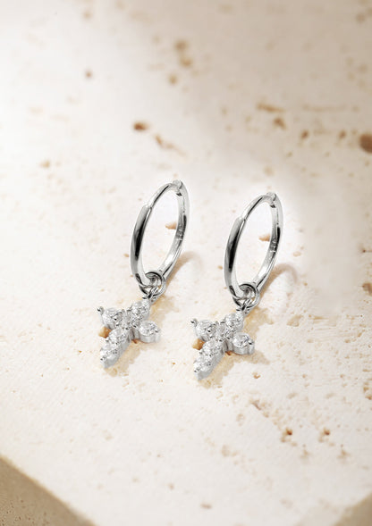 Cross Charm Hoop Earrings Sterling Silver