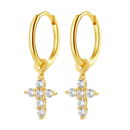 Cross Charm Hoop Earrings Sterling Silver Gold