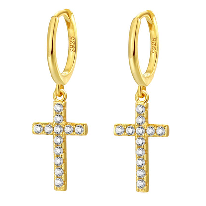Cross Huggie Earrings Sterling Silver Gold