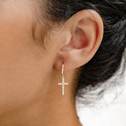 Cross Huggie Earrings Sterling Silver Gold