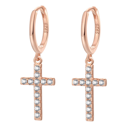 Cross Huggie Earrings Sterling Silver Gold