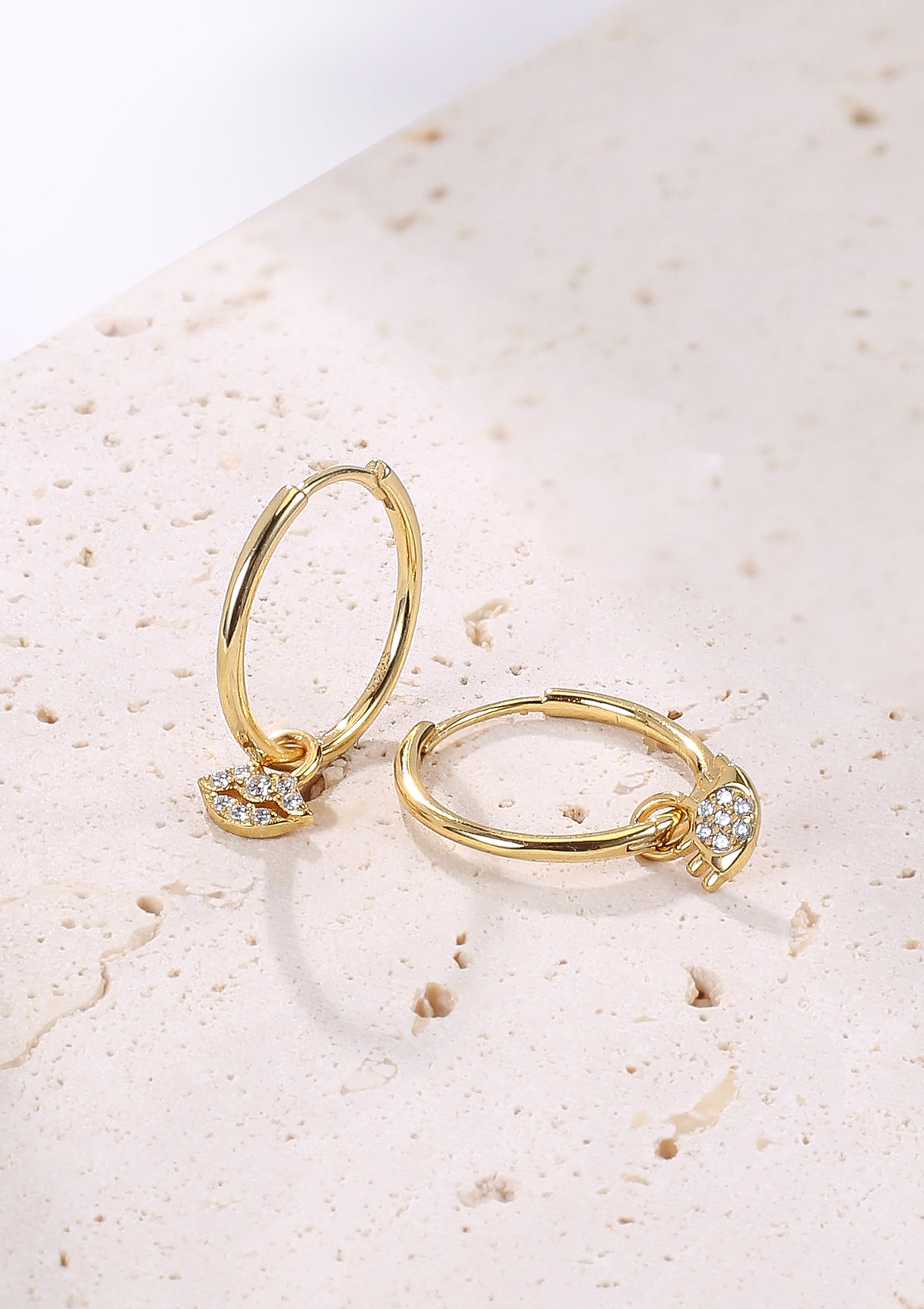 Eyes and Lips Charm Hoop Earrings Sterling Silver Gold