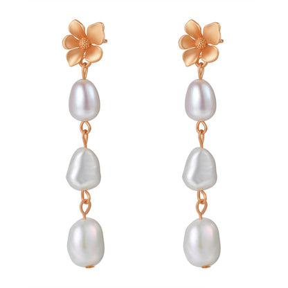 Flower and Pearl Drop Earrings Sterling Silver