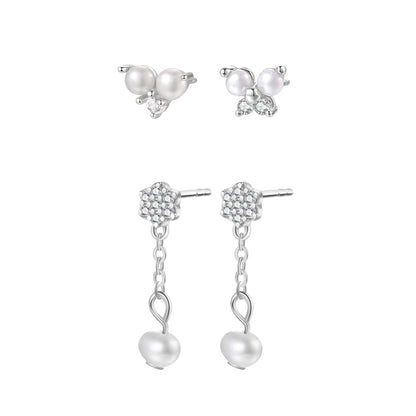 Flower & Pearl Earrings Set Sterling Silver