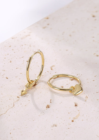 Heart and Arrow Charm Hoop Earrings Sterling Silver Gold