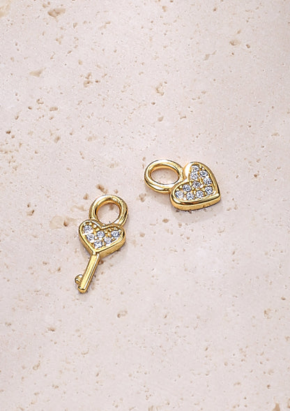 Heart and Key Charm Hoop Earrings Sterling Silver Gold