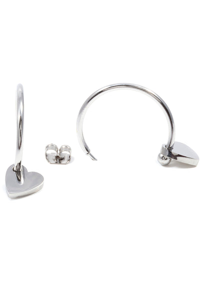 Heart Charm Hoop Earrings Silver