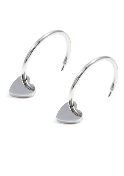 Heart Charm Hoop Earrings Silver