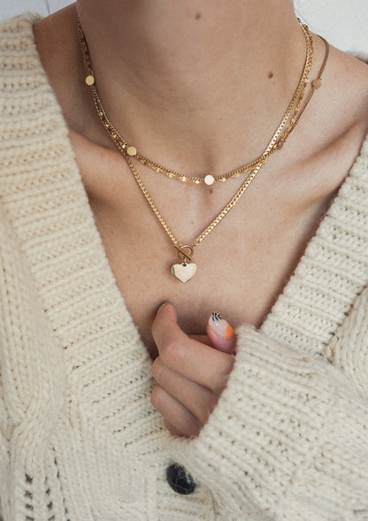 Heart Charm T-Bar Chain Necklace Gold