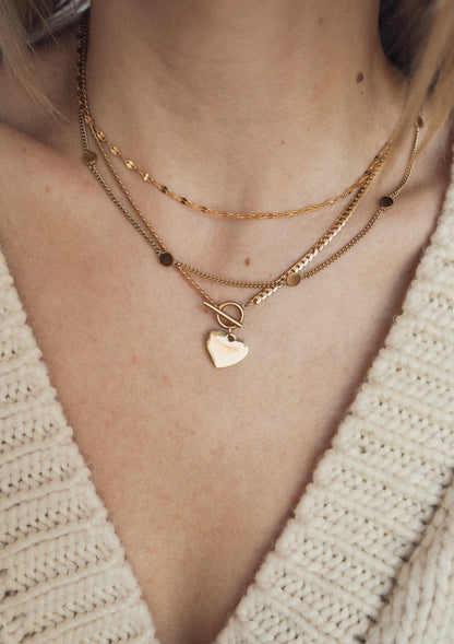 Heart Charm T-Bar Chain Necklace Gold