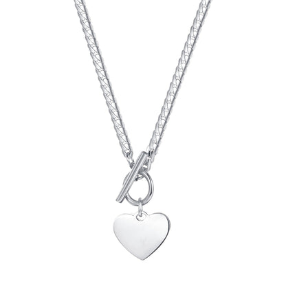 Heart Charm T-Bar Chain Necklace Silver