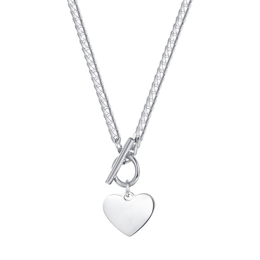 Heart Charm T-Bar Chain Necklace Silver