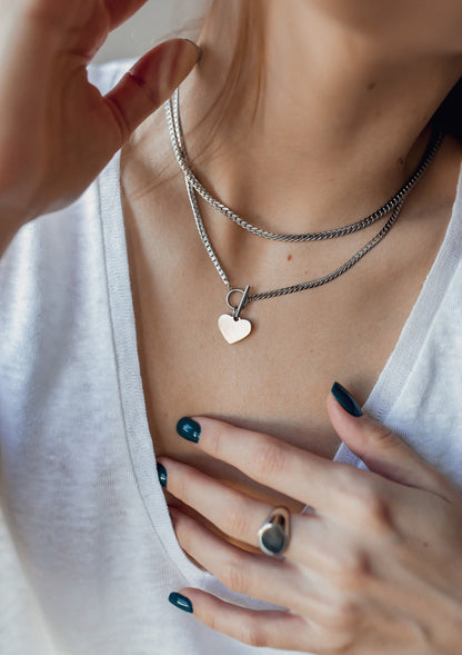 Heart Charm T-Bar Chain Necklace Silver