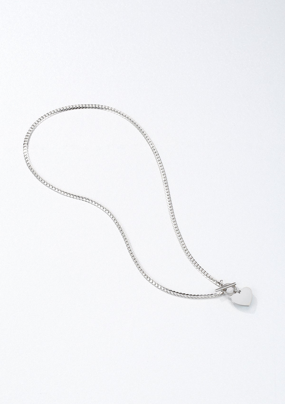 Heart Charm T-Bar Chain Necklace Silver
