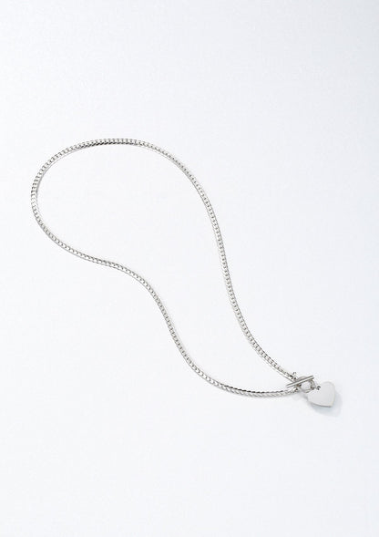 Heart Charm T-Bar Chain Necklace Silver