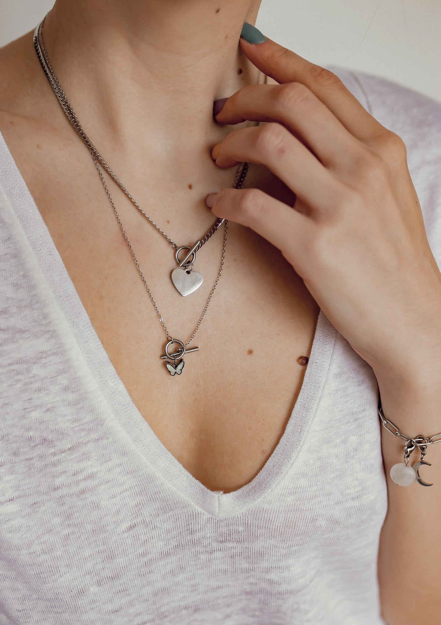 Heart Charm T-Bar Chain Necklace Silver