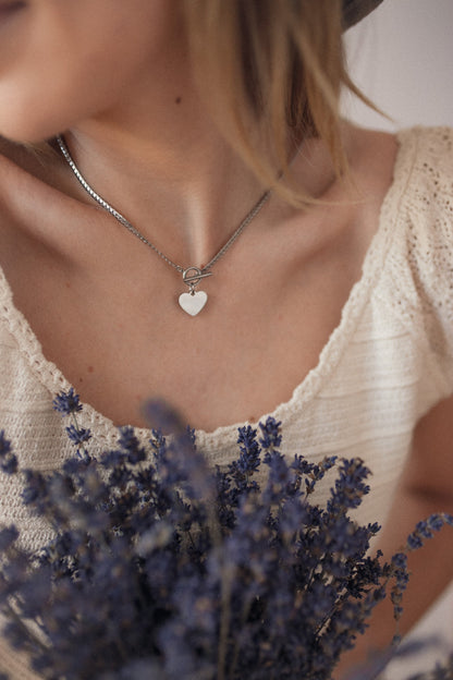 Heart Charm T-Bar Chain Necklace Silver