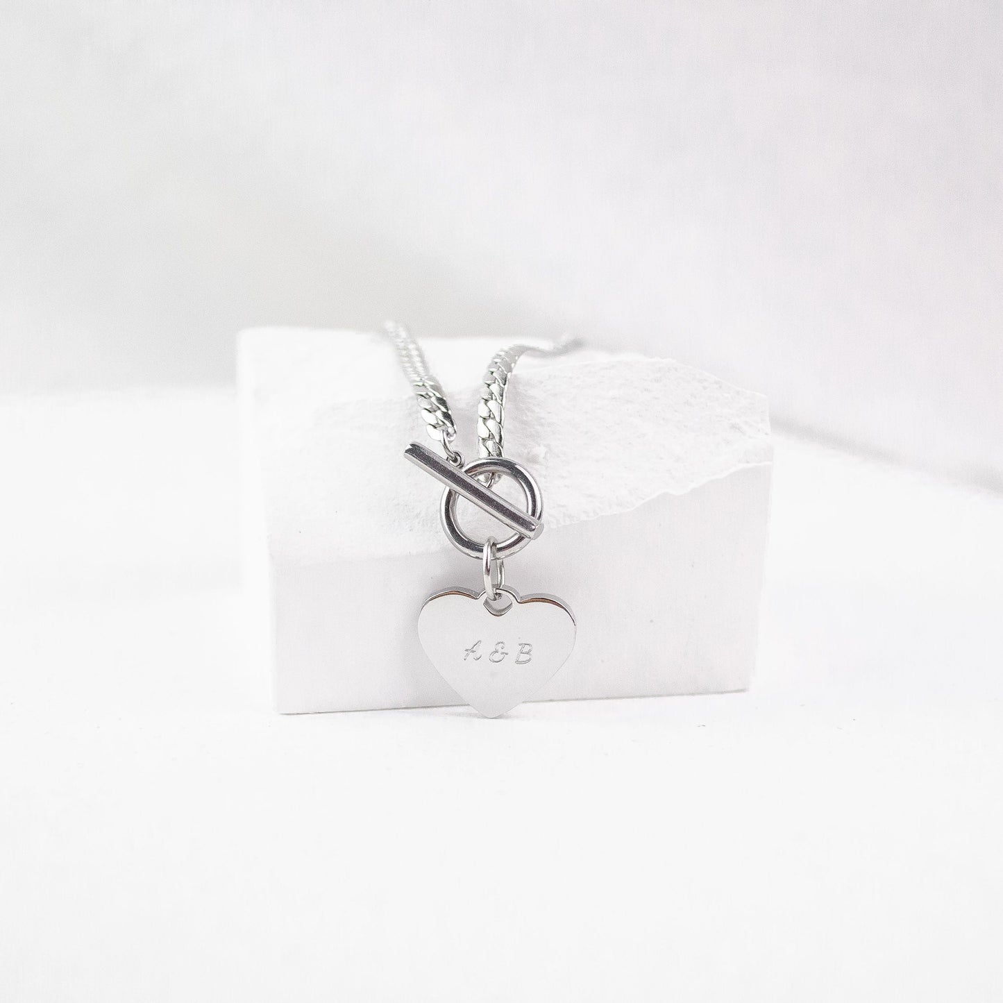 Heart Charm T-Bar Chain Necklace Silver