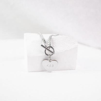 Heart Charm T-Bar Chain Necklace Silver