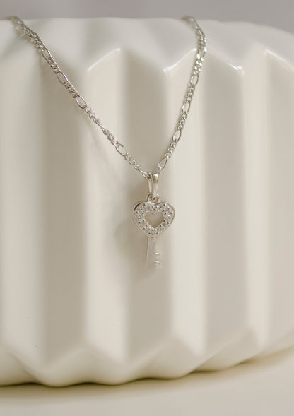 Heart Key Pendant Necklace Sterling Silver