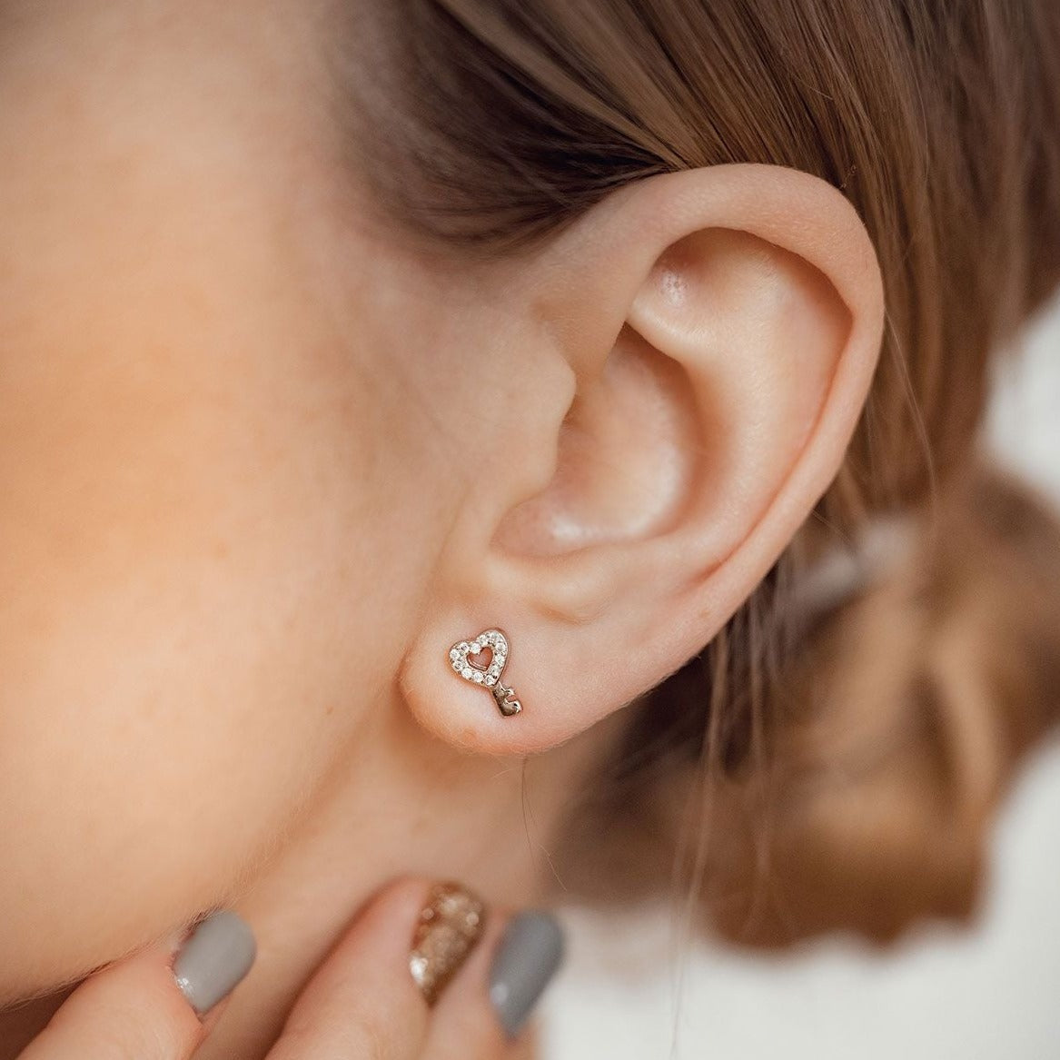 Heart Key Stud Earrings Sterling Silver