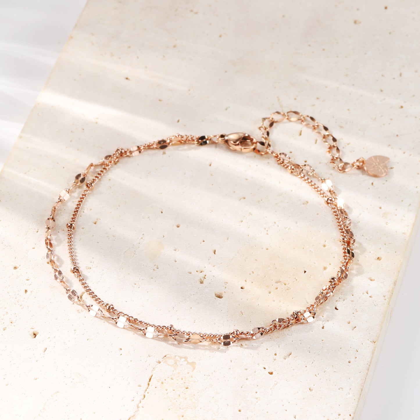 Layered Curb and Bobble Chain Anklet Rose Gold