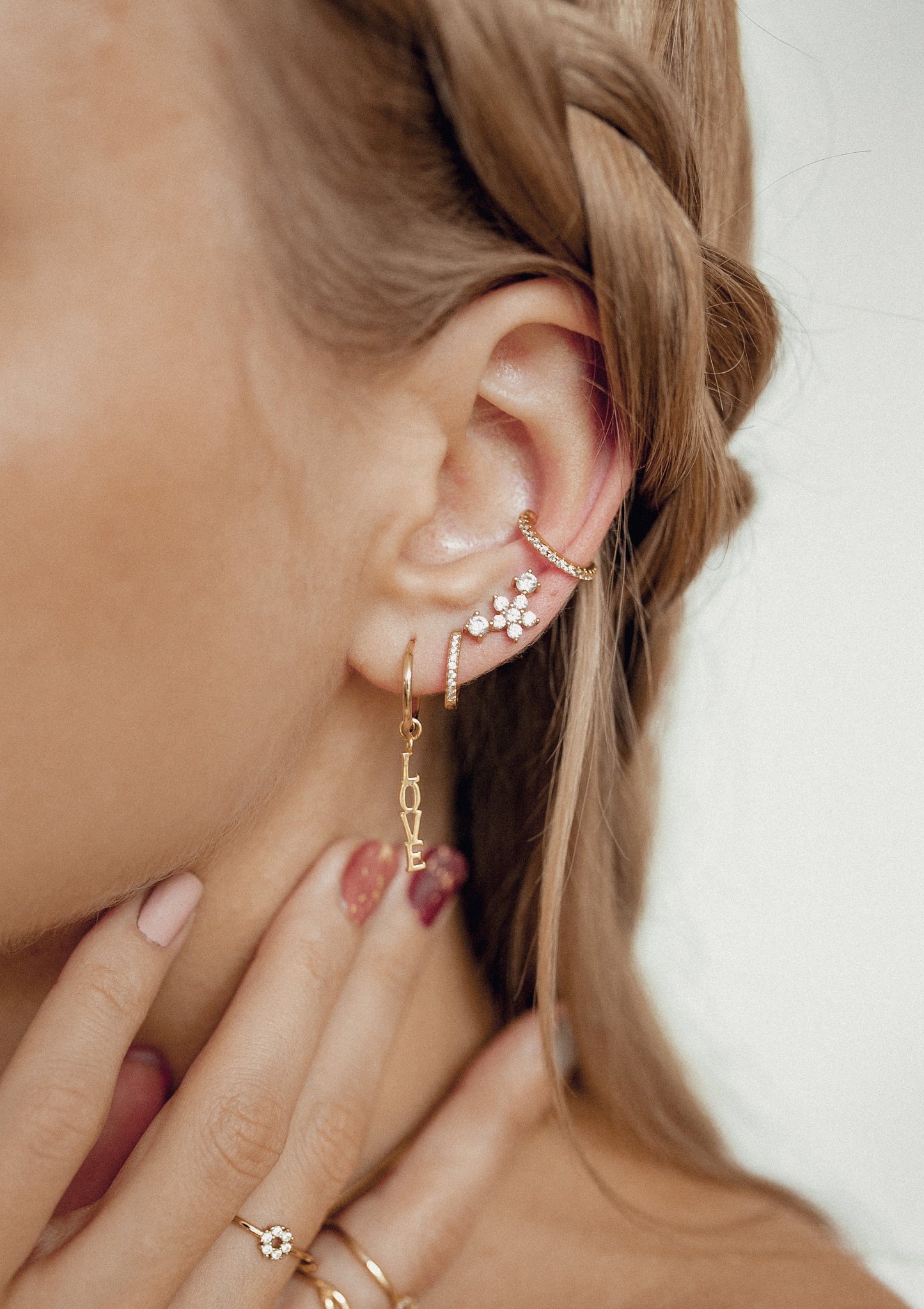 LOVE Charm Hoop Earrings Sterling Silver Gold