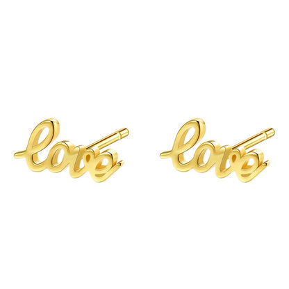 Love Script Stud Earrings Sterling Silver Gold