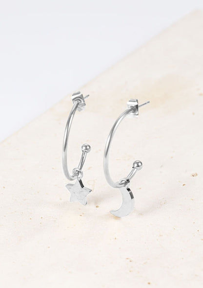 Moon Star Hoop Earrings Silver