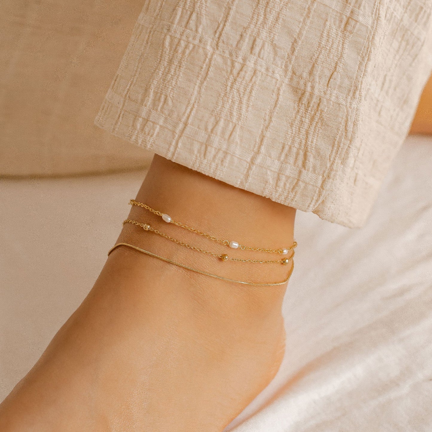 Pearl Chain Anklet Sterling Silver Gold