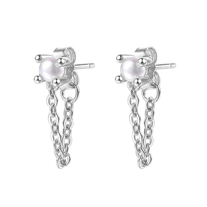 Pearl Chain Stud Earrings Sterling Silver