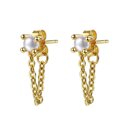 Pearl Chain Stud Earrings Sterling Silver Gold