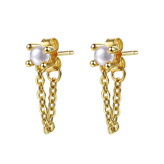 Pearl Chain Stud Earrings Sterling Silver Gold
