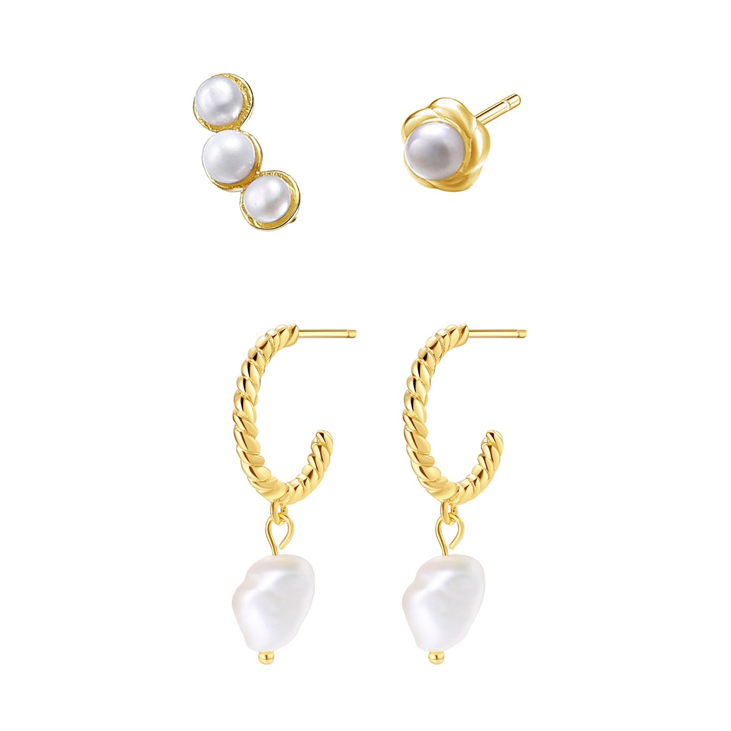 Pearl Hoop & Stud Earrings Set Sterling Silver