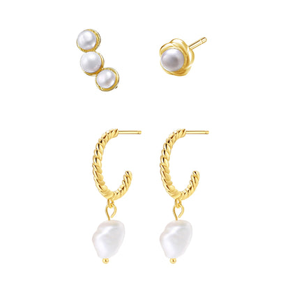 Pearl Hoop & Stud Earrings Set Sterling Silver