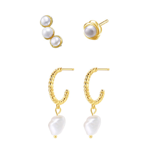 Pearl Hoop & Stud Earrings Set Sterling Silver