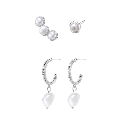 Pearl Hoop & Stud Earrings Set Sterling Silver