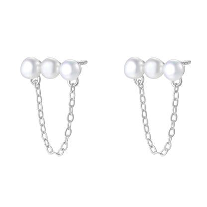 Trio Pearl Chain Stud Earrings Sterling Silver