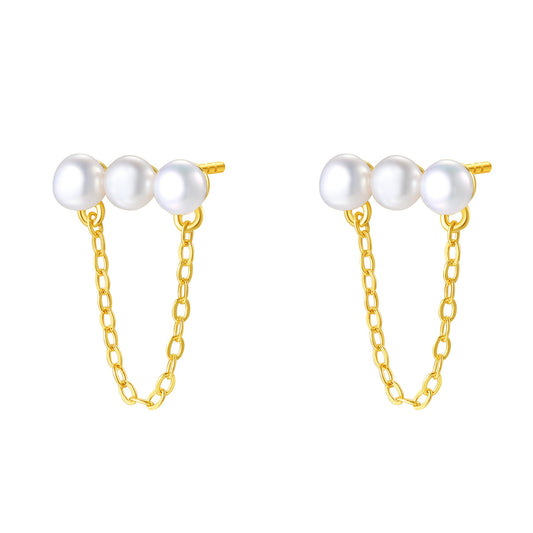 Trio Pearl Chain Stud Earrings Sterling Silver