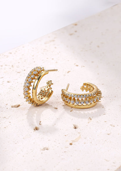 Triple Hoop Fan Gemstones Earrings Sterling Silver Gold