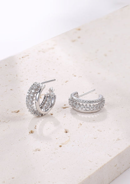 Triple Hoop Fan Gemstones Earrings Sterling Silver