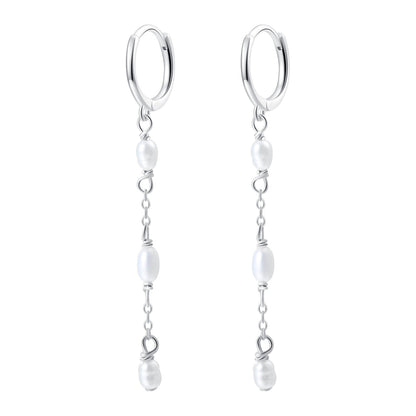 Triple Pearl Huggie Earrings Sterling Silver